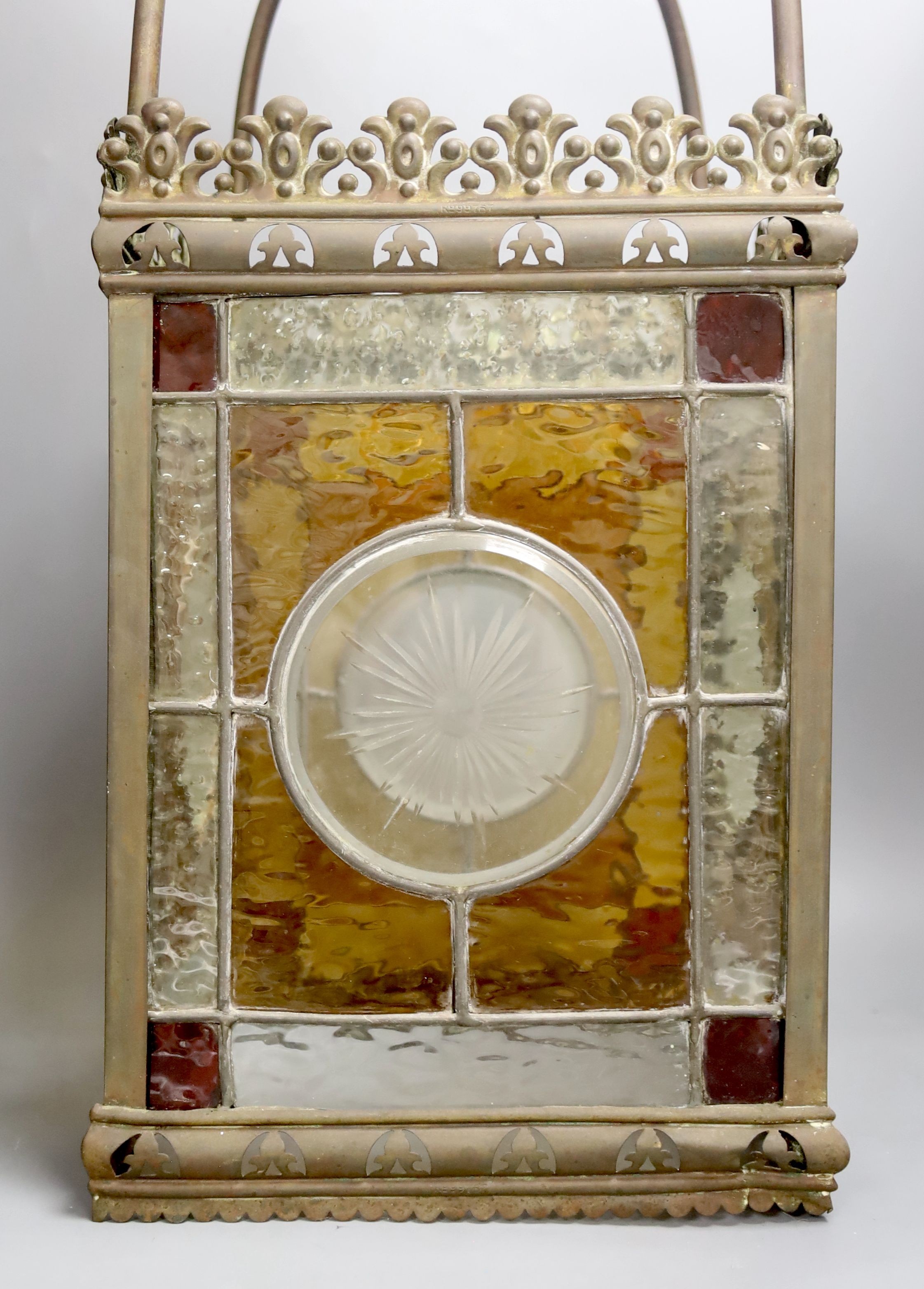 A Victorian leaded stained glass porch lantern, H 83cm, 23 x 23cm